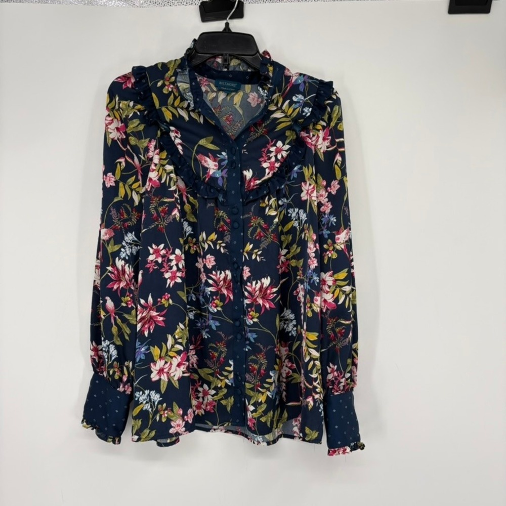 Biltmore Blouse Womens Large Navy Blue Floral Hummingbird Ruffle Button Down Top